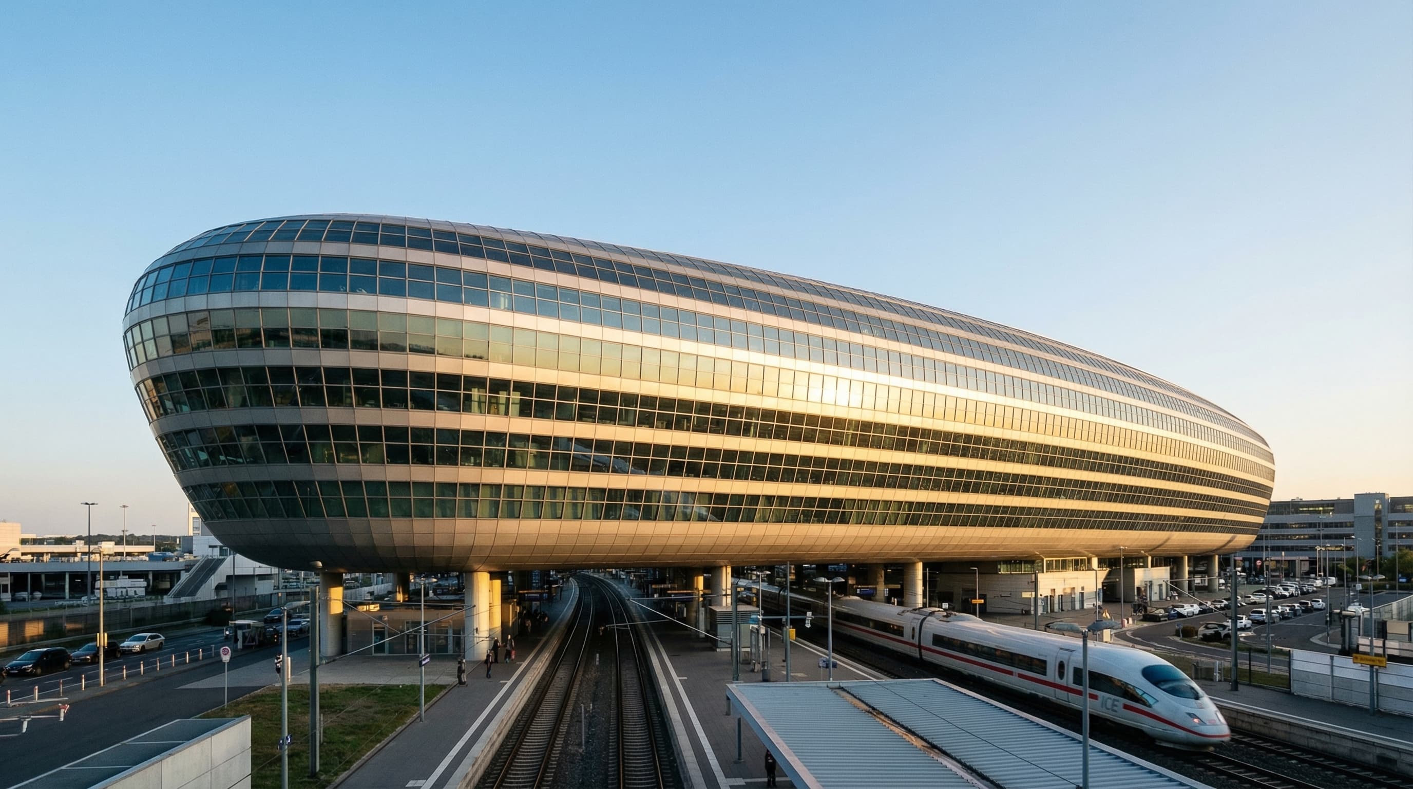The Squaire Frankfurt Airport – KPMG Bürogebäude Außenansicht mit ICE